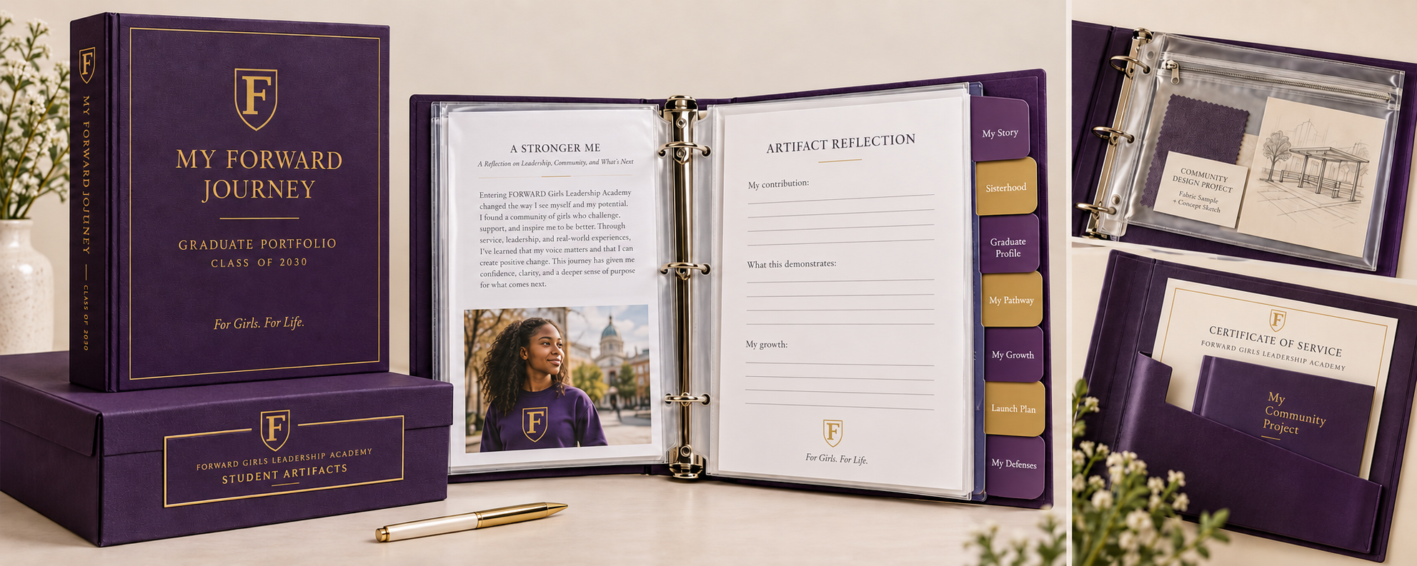 My FORWARD Journey portfolio mockup with the gold F crest, purple binder, artifact box, reflection pages, pathway tabs, and document pockets.