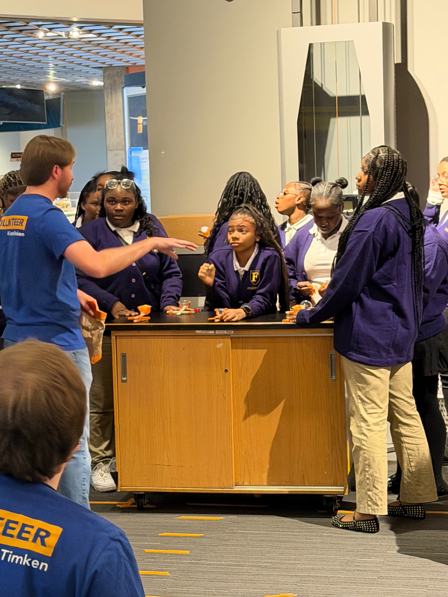 Students discussing a project with a volunteer