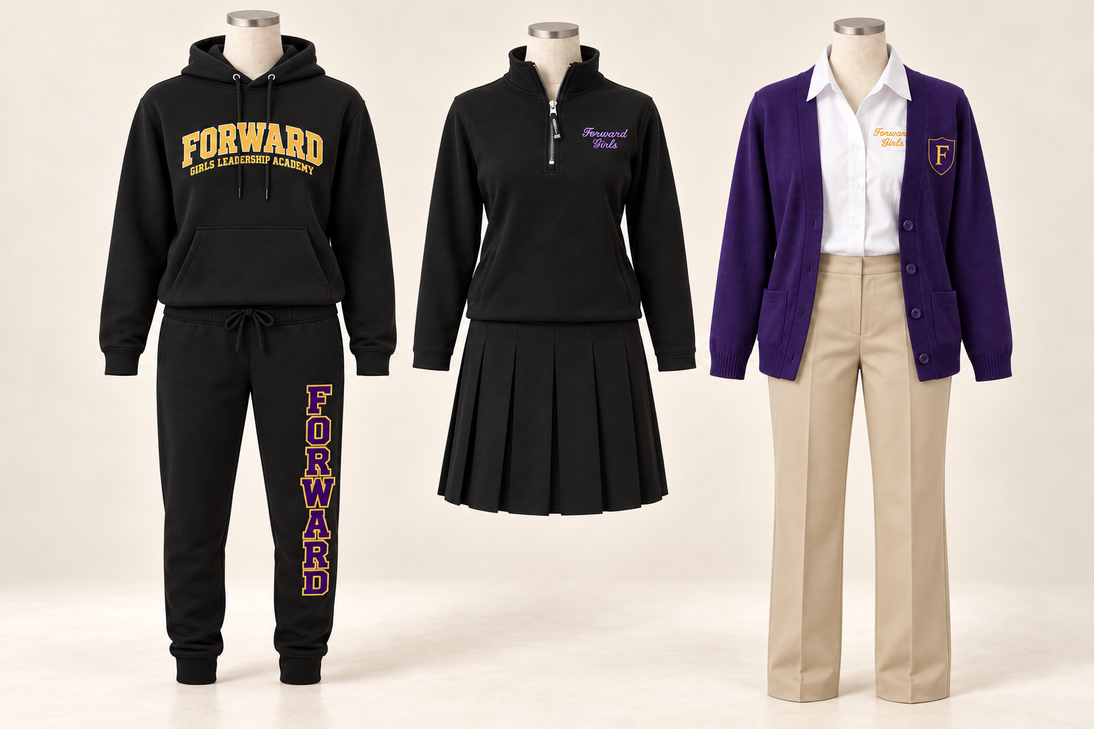 Three additional FORWARD looks: a black hoodie with branded black joggers, a black quarter zip with a black pleated skirt, and a purple F-crest cardigan over a white shirt with khaki pants.
