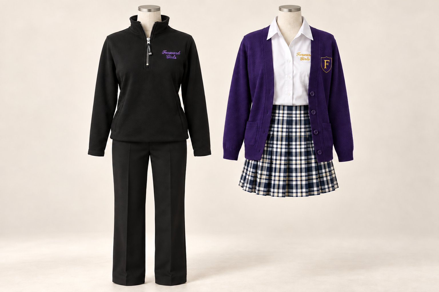 Two FORWARD uniform styling previews: a black quarter zip with black pants, and a white collared shirt with a plaid skirt and purple cardigan.